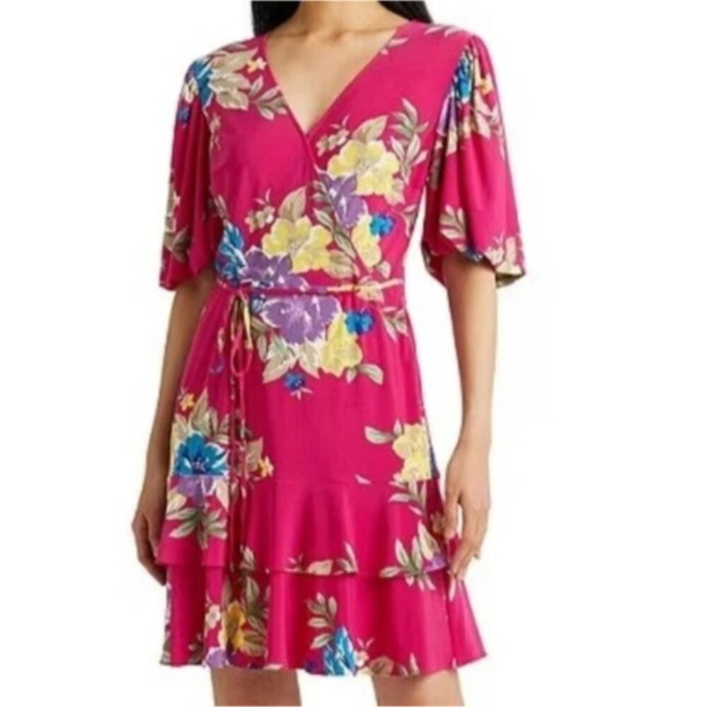 Lauren Ralph Lauren Pink Floral Ruffle Hem Dress Size 6 New Women's Party